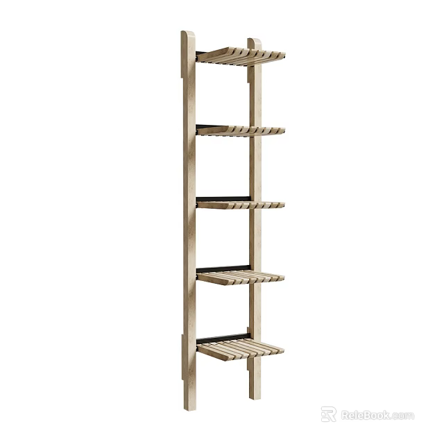 Wooden Multi Tier Shelving Unit with Slatted Shelves for Home Storage 3d model 