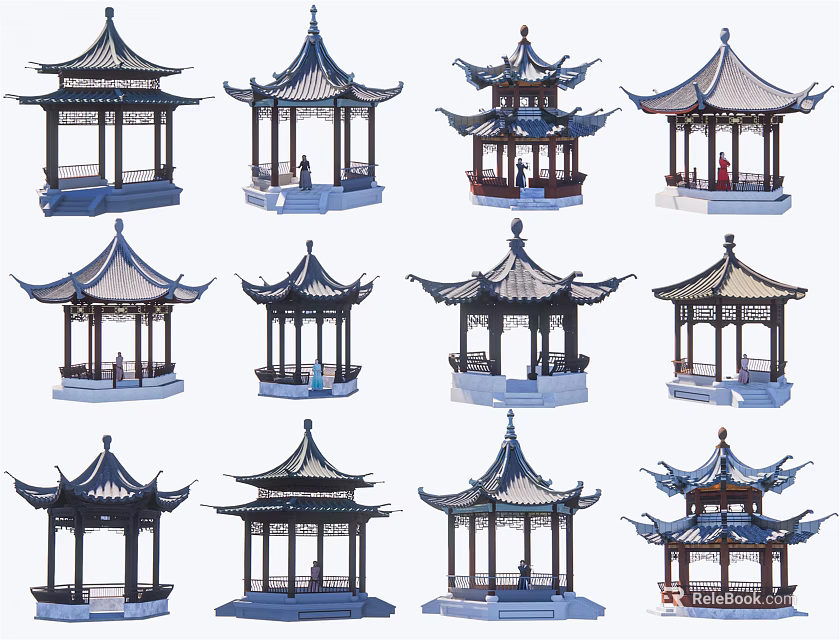 Traditional Chinese Pavilions With Various Architectural Styles And Classic Roof Designs 3d model 