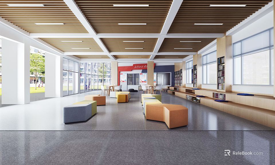 Artistic Library Interior Design Featuring Open Space Colorful Seats Bookshelves Large Windows And Wooden Ceiling 3d model 