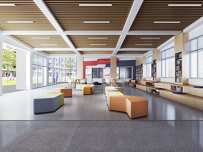 Artistic Library Interior Design Featuring Open Space Colorful Seats Bookshelves Large Windows And Wooden Ceiling 3d model