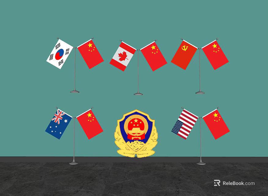 Various National Flags Display Including China Canada USA Australia South Korea 3d model 
