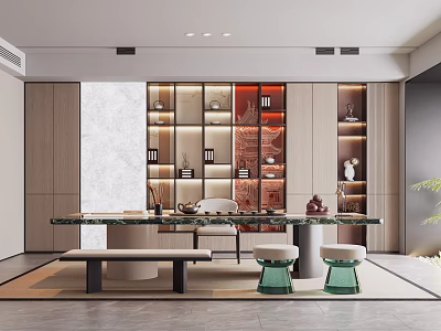 Modern Elegant Tea Room Interior Design With Marble Table Shelving And Tea Sets 3d model