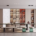 Modern Elegant Tea Room Interior Design With Marble Table Shelving And Tea Sets
