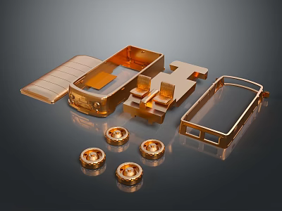 Shiny Golden Metal Device Casing And Small Components With Various Shapes 3d model