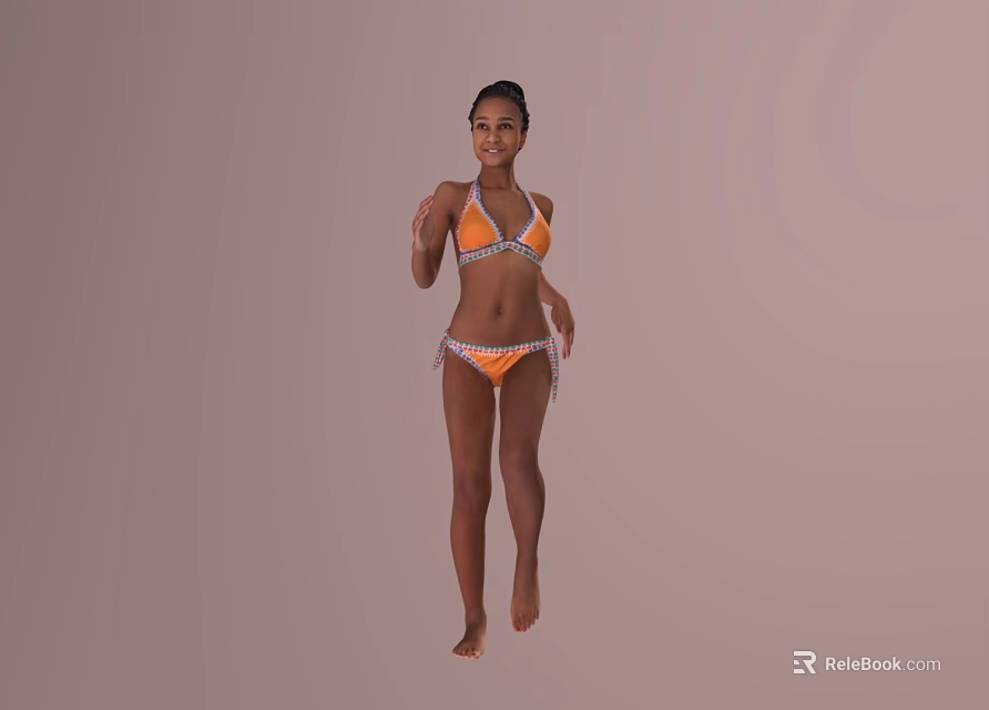 A Woman In Orange Bikini Standing And Posing Against Light Brown Background 3d model 