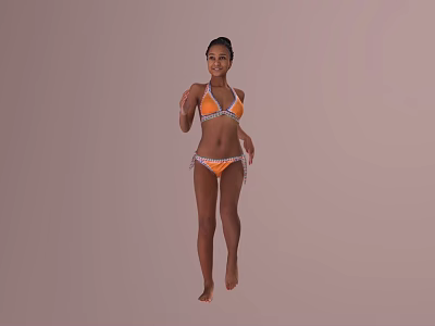 A Woman In Orange Bikini Standing And Posing Against Light Brown Background 3d model