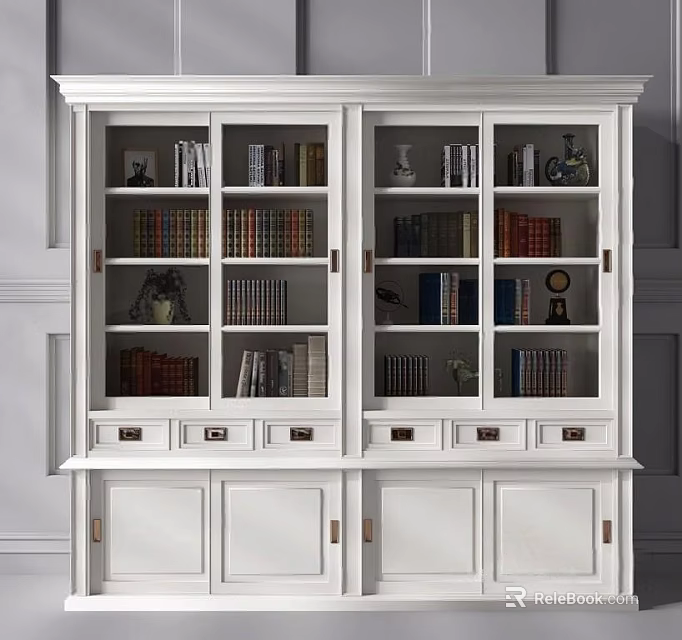 Classic White Double Door Bookcase Featuring Glass Doors Books Decorative Items And Bottom Drawers 3d model 