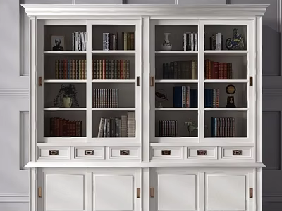 Classic White Double Door Bookcase Featuring Glass Doors Books Decorative Items And Bottom Drawers 3d model