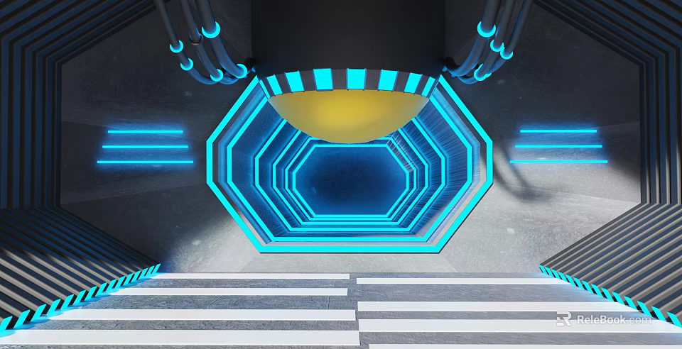 Futuristic Tech Inspired Decor With Blue Neon Hexagonal Structure And Yellow Sphere 3d model 