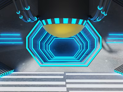 Futuristic Tech Inspired Decor With Blue Neon Hexagonal Structure And Yellow Sphere 3d model