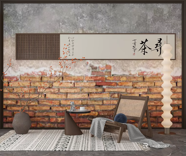 Traditional Chinese Brick Background Wall With Hanging Scroll Banner Calligraphy Chaxun And Wooden Chair Vase 3d model 