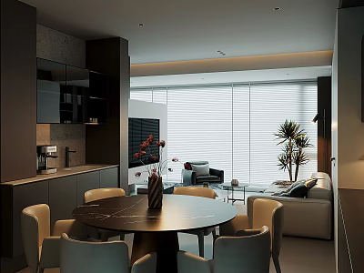 Modern Living and Dining Room With Round Table Chairs Sofa Vase And Roller Blinds 3d model
