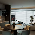 Modern Living and Dining Room With Round Table Chairs Sofa Vase And Roller Blinds