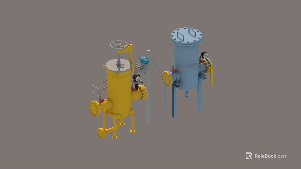 Industrial Plant Equipment Featuring Yellow And Blue Vessels With Valves And Pipes 3d model 