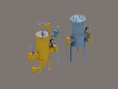 Industrial Plant Equipment Featuring Yellow And Blue Vessels With Valves And Pipes 3d model