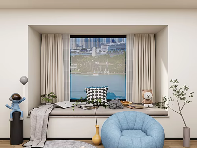 Cozy Window Seat Cabinet With City View Curtains And Decorative Pillows 3d model