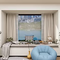 Cozy Window Seat Cabinet With City View Curtains And Decorative Pillows