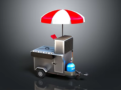 Mobile Street Food Cart With Red White Umbrella Grill And Blue Gas Cylinder 3d model