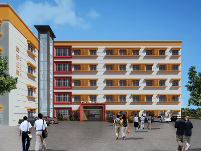 Modern School Building Main Entrance Facade With Yellow White Exterior Red Accents And People Walking 3d model