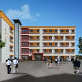 Modern School Building Main Entrance Facade With Yellow White Exterior Red Accents And People Walking