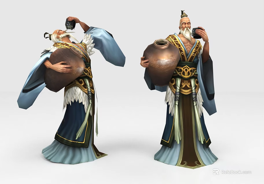 Game Movie Character Elderly Man With Long Beard In Traditional Costume Holding Wine Jar 3d model 