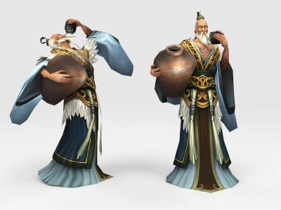 Game Movie Character Elderly Man With Long Beard In Traditional Costume Holding Wine Jar 3d model