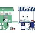 Functional Carts With Light Green Blue Striped Canopies Shelves And Displayed Goods