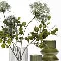 Stylish Vase And Flower Display With Green Transparent Vases And Fresh Leafy Plants
