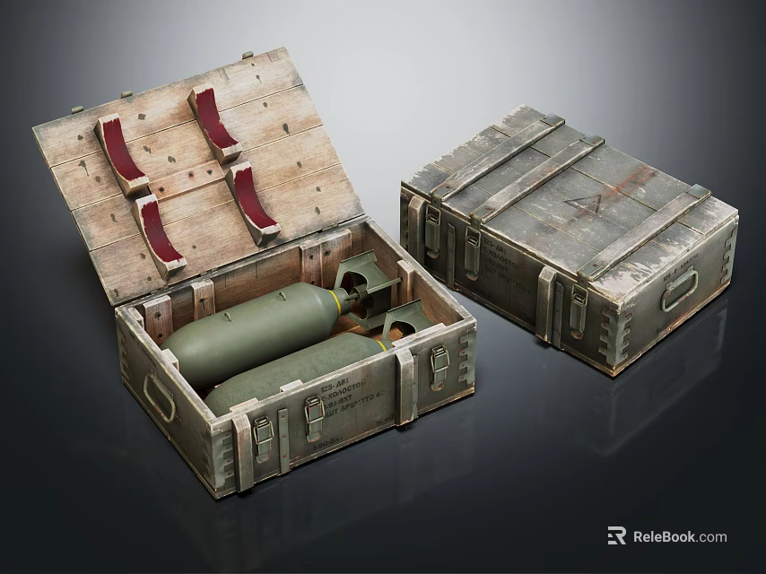 Vintage Wooden Boxes With Open Lid Containing Green Cylinder And Red Straps 3d model 