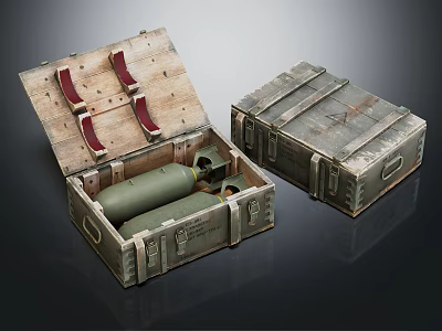 Vintage Wooden Boxes With Open Lid Containing Green Cylinder And Red Straps 3d model