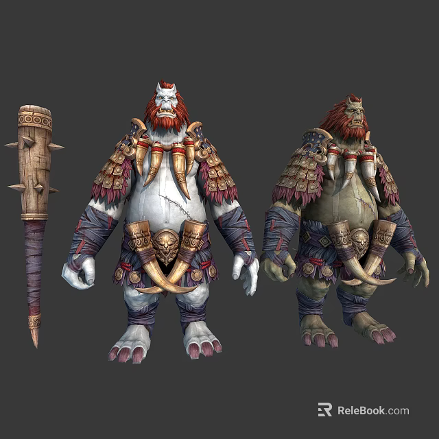 Mythical Creature Character With Spiked Staff And Fanged Armor In Different Angles 3d model 