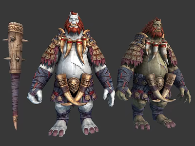 Mythical Creature Character With Spiked Staff And Fanged Armor In Different Angles 3d model