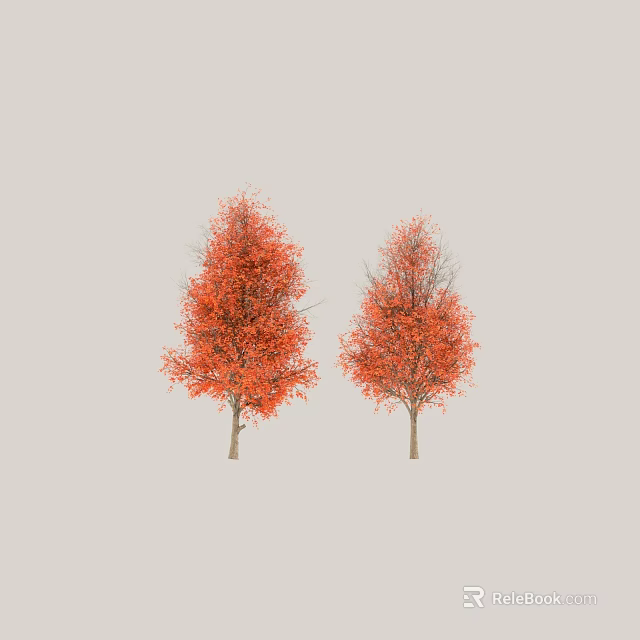 Two Trees With Vibrant Red Leaves And Brown Trunks Against Gray Background 3d model 