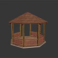 Wooden Hexagonal Gazebo With Brown Roof And Pillared Railing Outdoor Structure Design