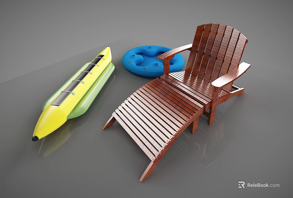 Wooden Deck Chair With Yellow Kayak And Blue Inflatable Ring For Outdoor Activities 3d model 
