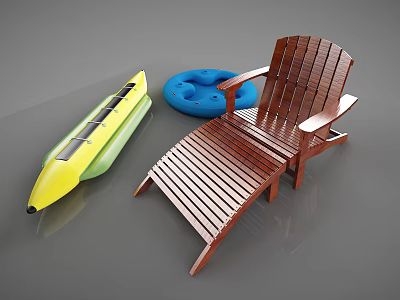 Wooden Deck Chair With Yellow Kayak And Blue Inflatable Ring For Outdoor Activities 3d model