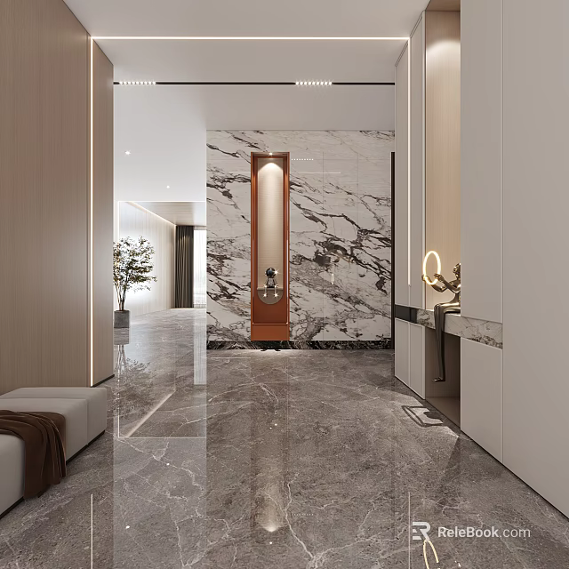 Elegant Modern Entryway Interior Design With Marble Wall Full Length Mirror And Polished Floor 3d model 