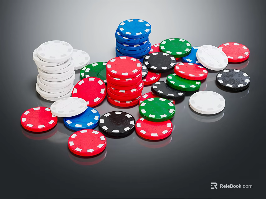 Colorful Poker Chips for Card Games Stacked and Scattered on Black Surface 3d model 