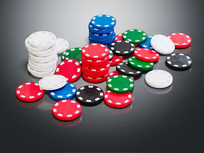 Colorful Poker Chips for Card Games Stacked and Scattered on Black Surface 3d model