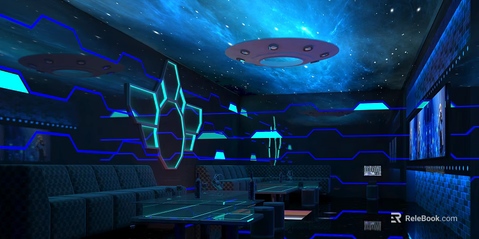Futuristic KTV Lounge With Starry Blue Ceiling UFO Shaped Light And Neon Decorations 3d model 