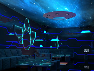 Futuristic KTV Lounge With Starry Blue Ceiling UFO Shaped Light And Neon Decorations 3d model