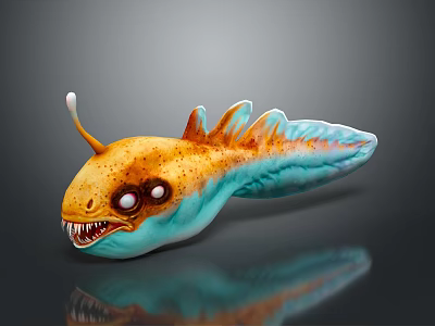 Game Movie Character With Yellow Blue Body Large Eyes Sharp Teeth Antennae And Dorsal Fins 3d model