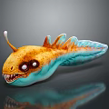 Game Movie Character With Yellow Blue Body Large Eyes Sharp Teeth Antennae And Dorsal Fins
