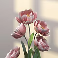Floral Display With Pink Tulips Green Stems And Metal Bases On Gray Floor
