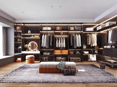Elegant Walk-in Closet Interior With Dark Wood Cabinets Hanging Clothes Round Mirror And Leather Bench 3d model