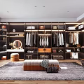 Elegant Walk-in Closet Interior With Dark Wood Cabinets Hanging Clothes Round Mirror And Leather Bench