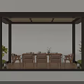 Garden Pavilion With Brown Frame Transparent Roof And Wooden Dining Set Surrounded By Green Plants