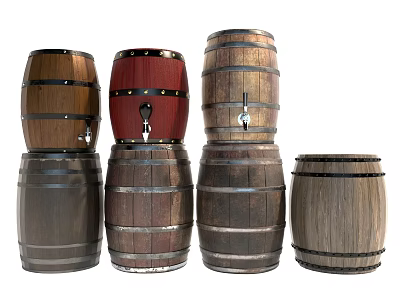 Different Sizes Wooden Barrels With Spigots For Home Storage And Decor 3d model