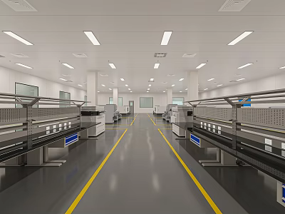Modern Industrial Workshop Interior With Neatly Arranged Production Line Equipment And Yellow Dividing Lines 3d model
