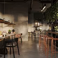 Modern Industrial Café Interior With Green Plants And Wooden Furniture